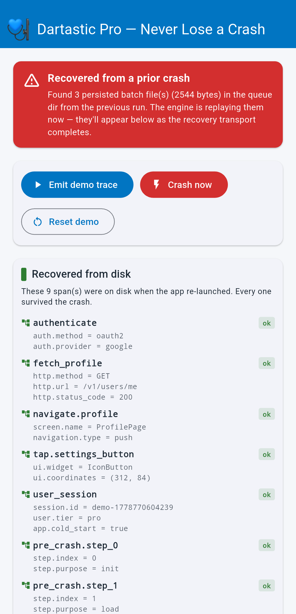 Pro engine crash recovery — persisted batches replaying after a prior crash