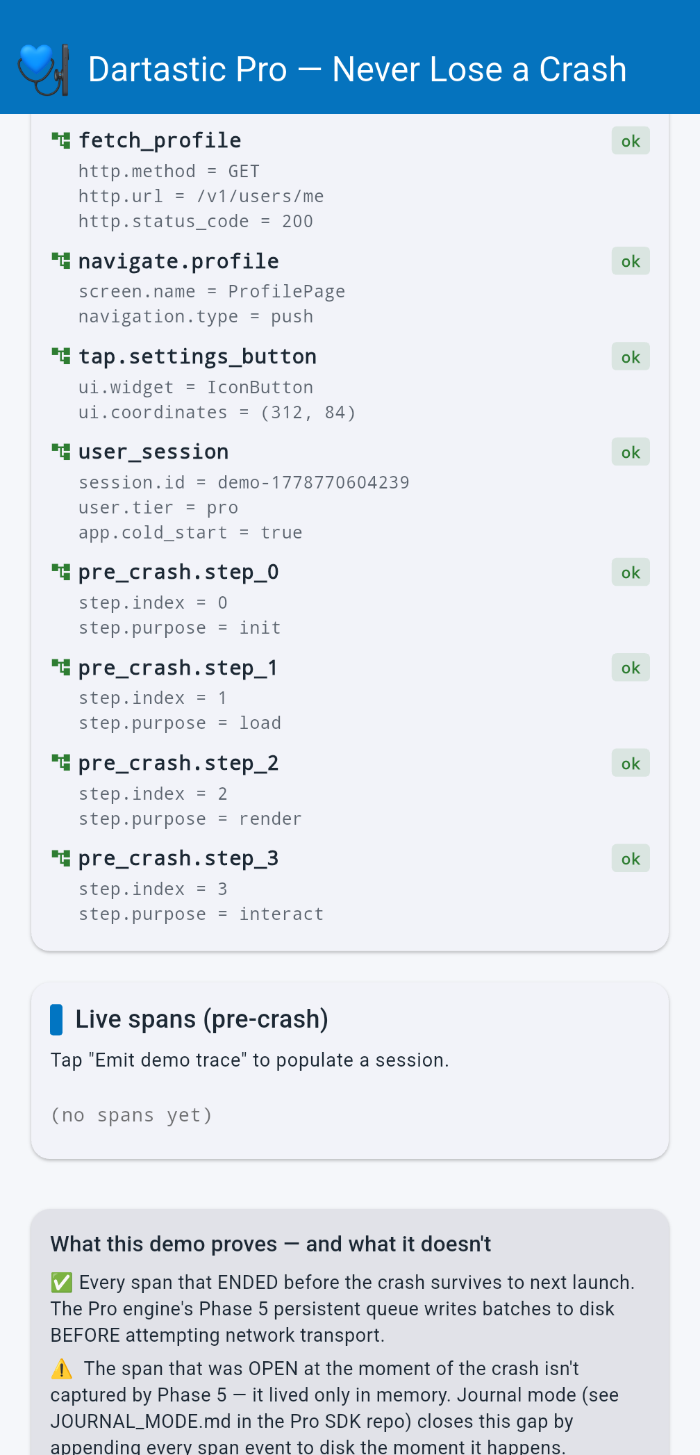 Pro engine: pre-crash steps captured, live spans pre-crash inspector