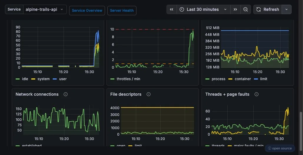 Dartastic Observatory — host and container pane: CPU, throttling, memory vs limit, network connections, file descriptors and threads