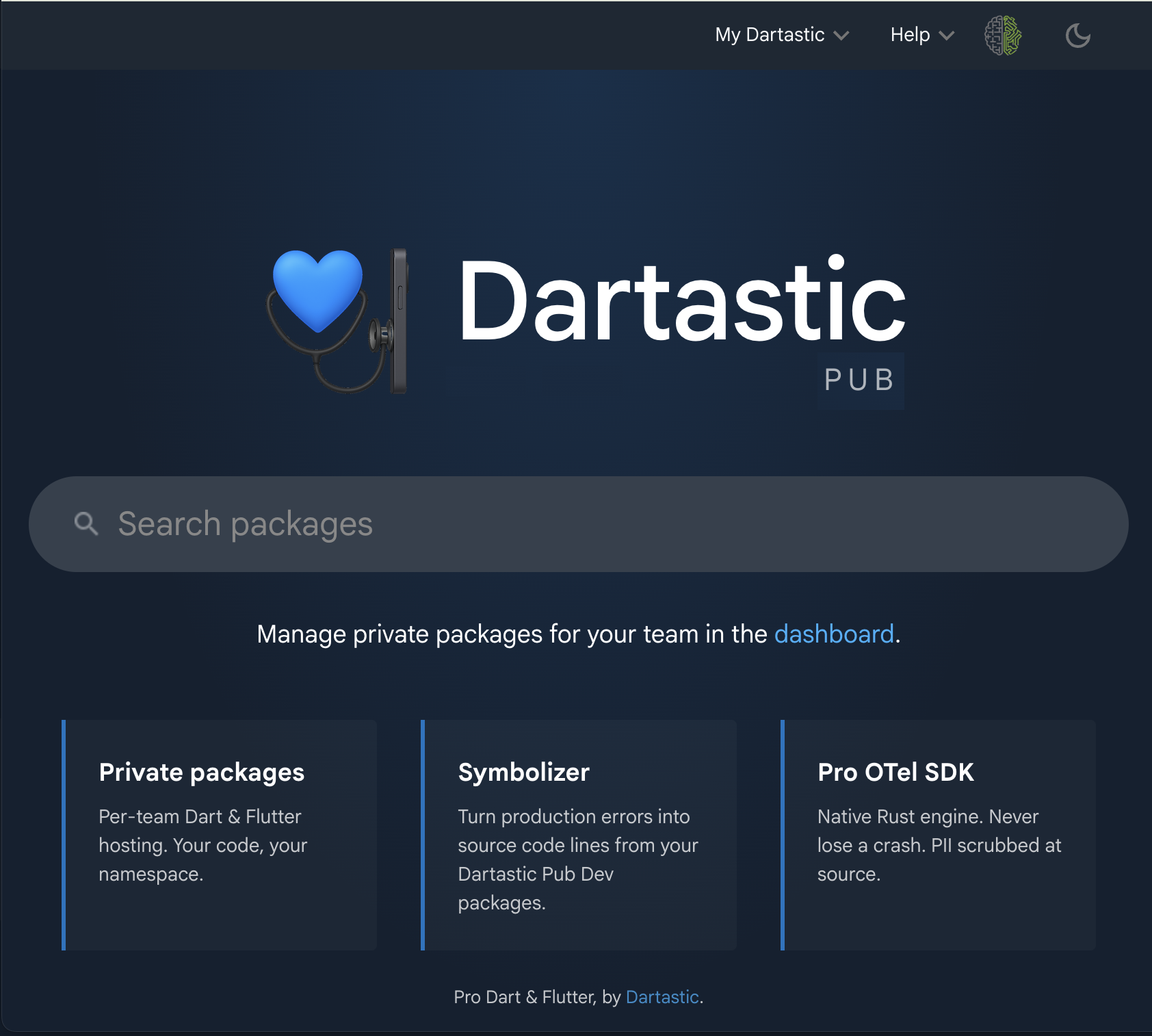 pub.dartastic.io — the private Dartastic Pub registry
