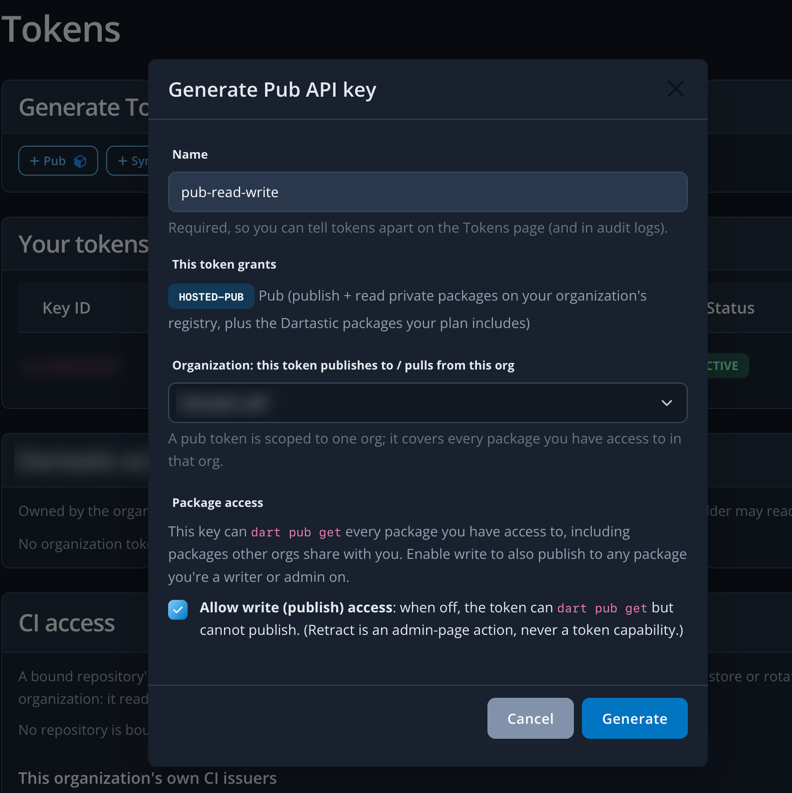 The Generate Pub Token dialog: Name, what the token grants, the organization, and Allow write (publish) access