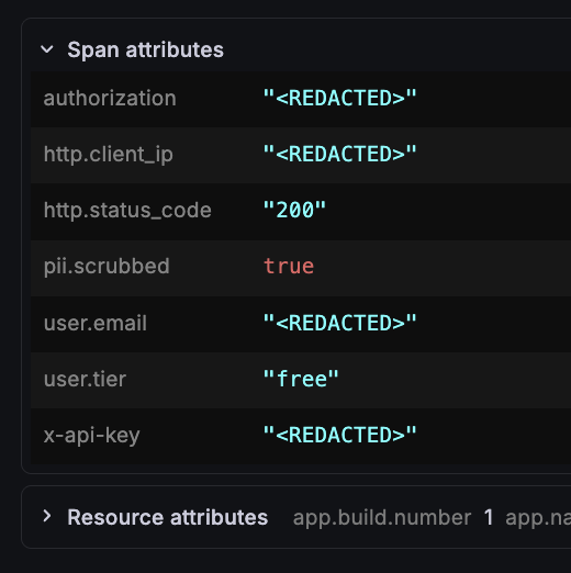 Dartastic Observatory span attributes — authorization, http.client_ip, user.email and x-api-key redacted, with pii.scrubbed=true