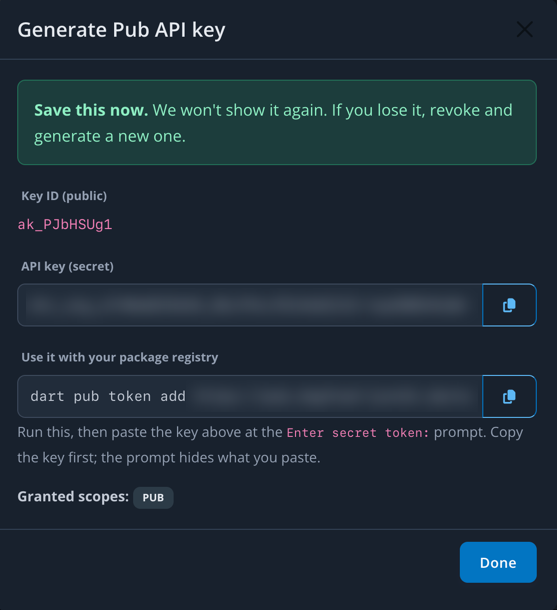 The new Pub token: its Token ID, the secret token with a copy button, the dart pub token add command, and Granted scopes: Pub