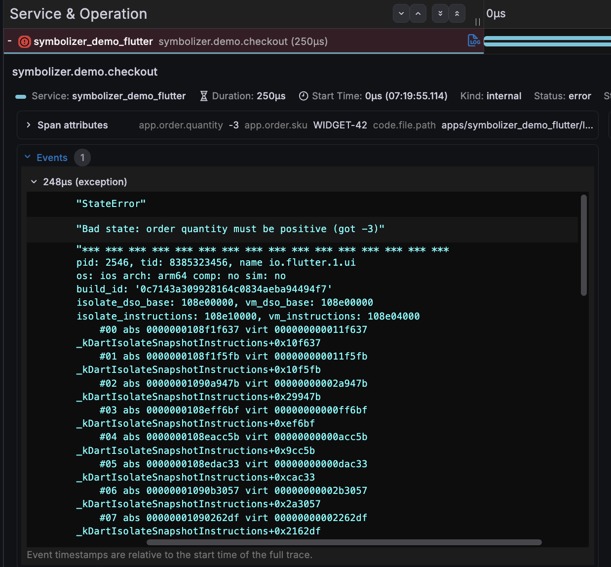 Dartastic Observatory span event — an unsymbolized Flutter crash showing only build_id and raw instruction offsets in _kDartIsolateInstructions