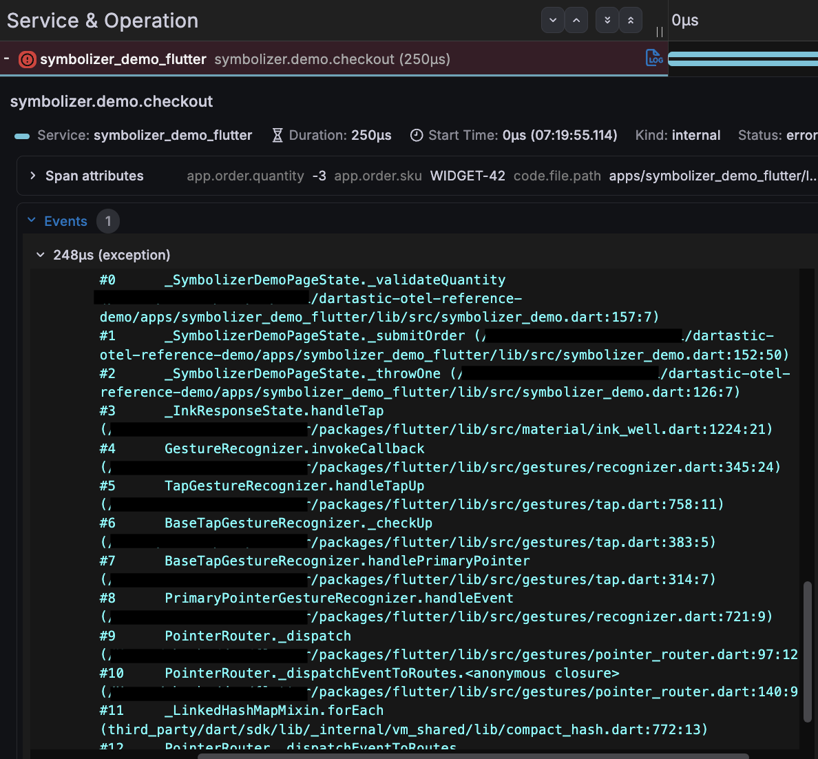 The same span event after Dartastic Symbolizer — real frames with function names and source lines, e.g. _SymbolizerDemoPageState._validateQuantity at symbolizer_demo.dart:157:7