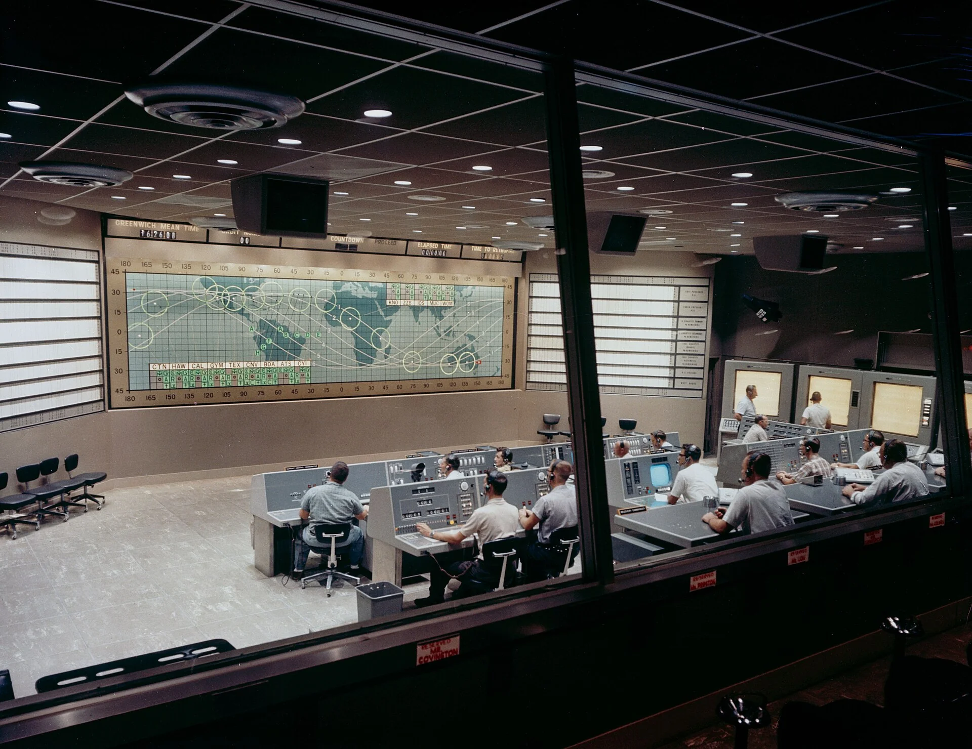 NASA's Mercury Control Center with its orbital tracking wall, 1962