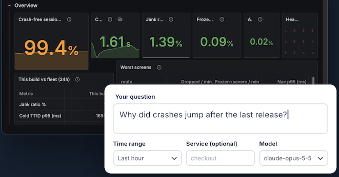 Dartastic AI answering "Why did crashes jump after the last release?" over a Flutter App Health
dashboard